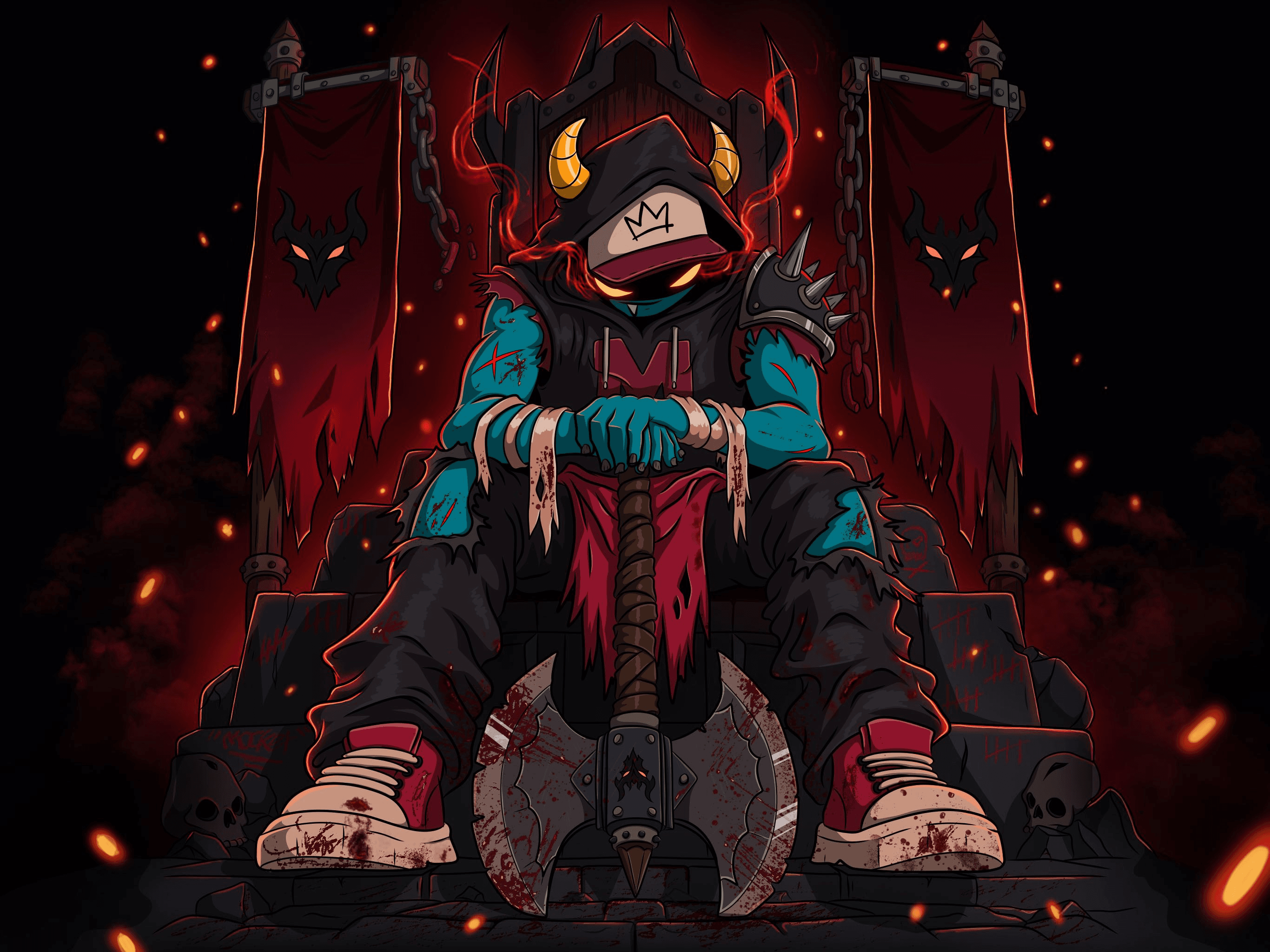 Blue horned Mocket character in black and crimson armour seated on a dark throne, gripping a blood-stained double-headed axe between Bloodforged banners and glowing embers.